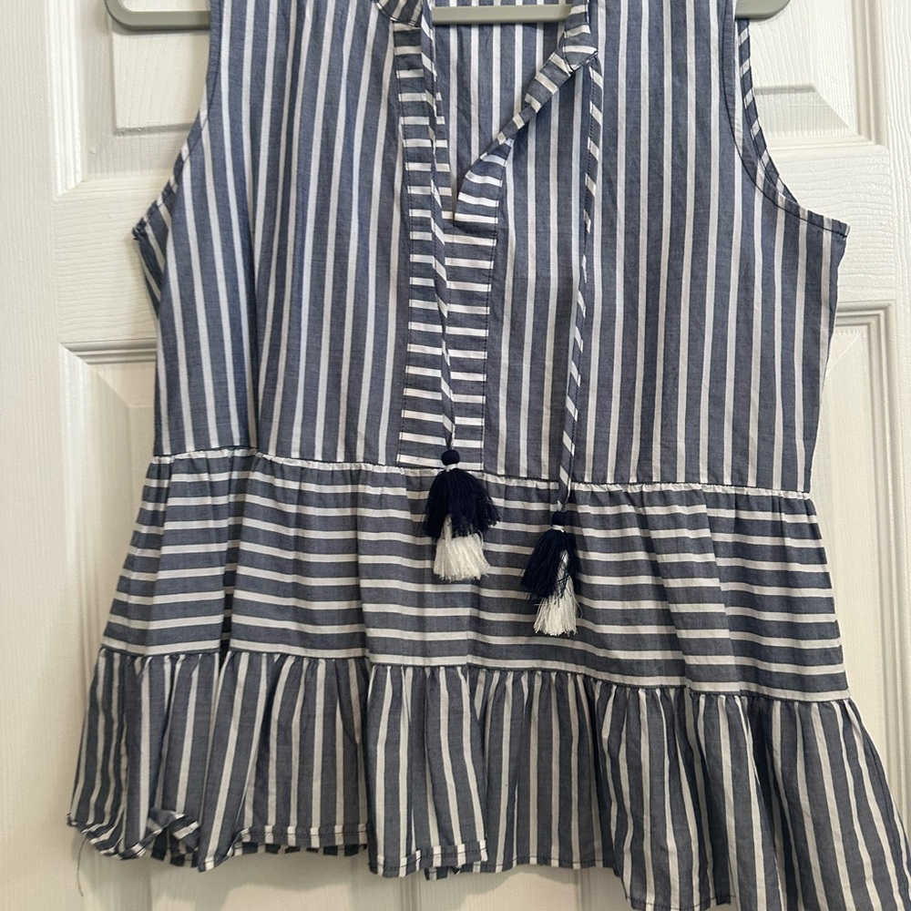 Vineyard Vines Navy and White Striped Sleeveless Peplum Tank with Tassels